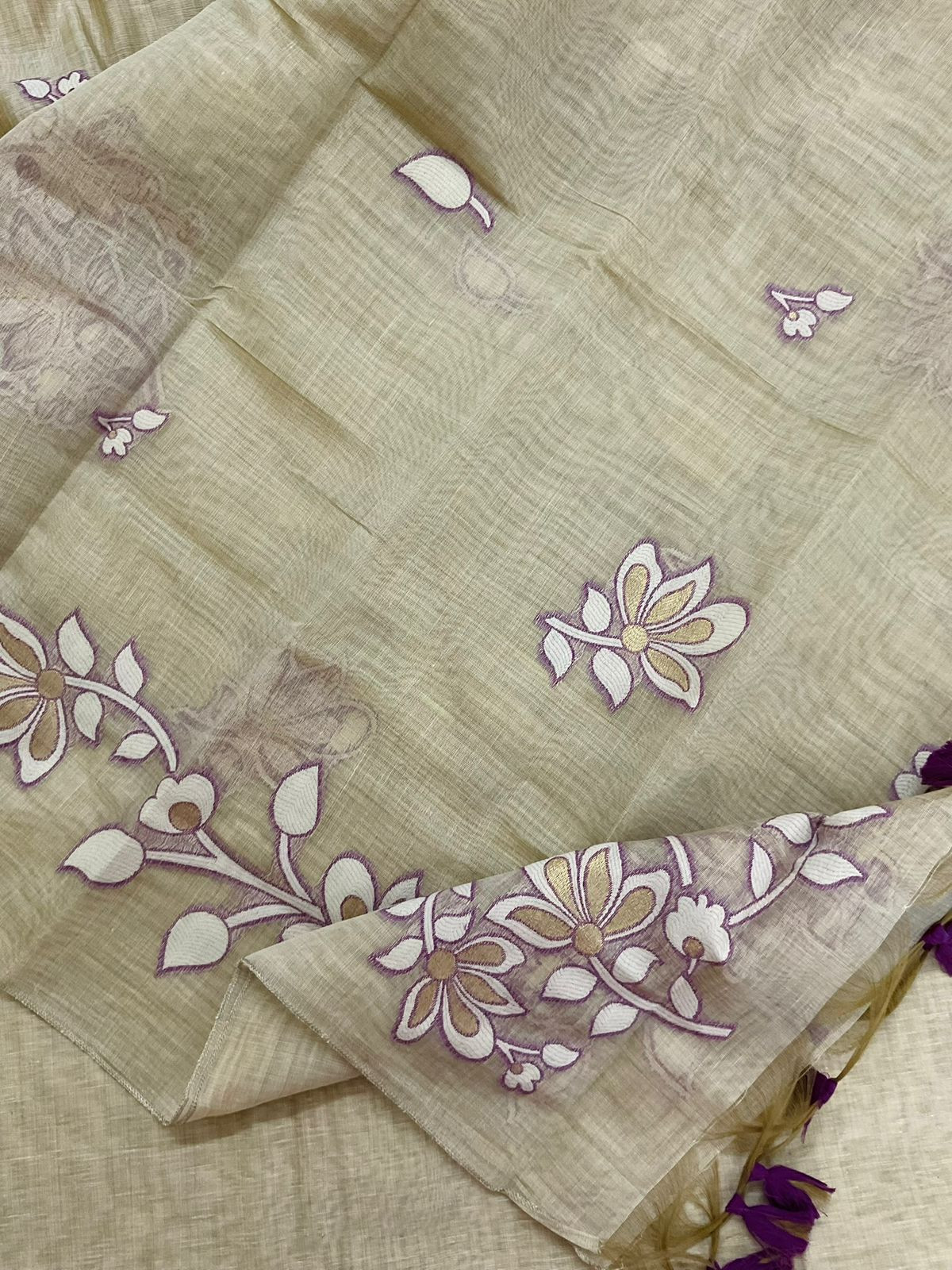 Soft Slub Chanderi Jamdani Weaved Embroidered Suit - Beige