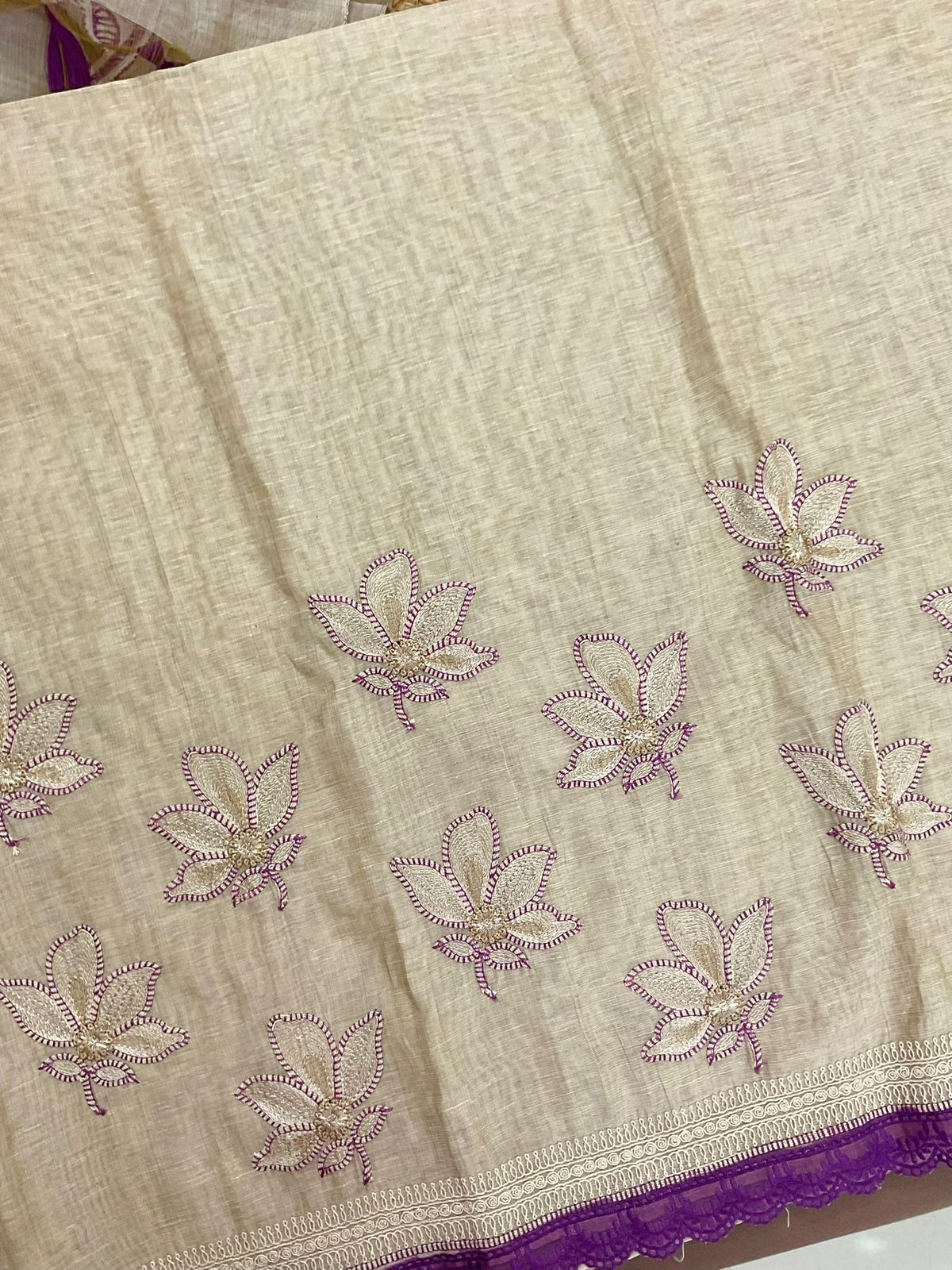 Soft Slub Chanderi Jamdani Weaved Embroidered Suit - Beige