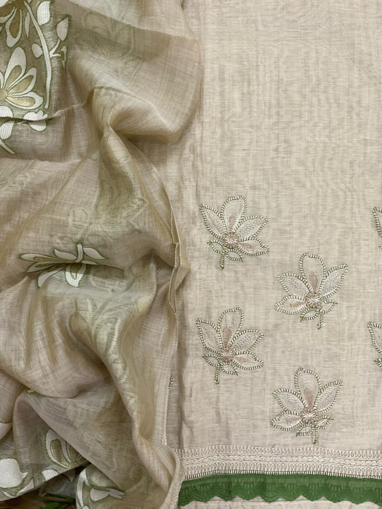 Image of Soft Slub Chanderi Jamdani Weaved Embroidered Suit - Beige