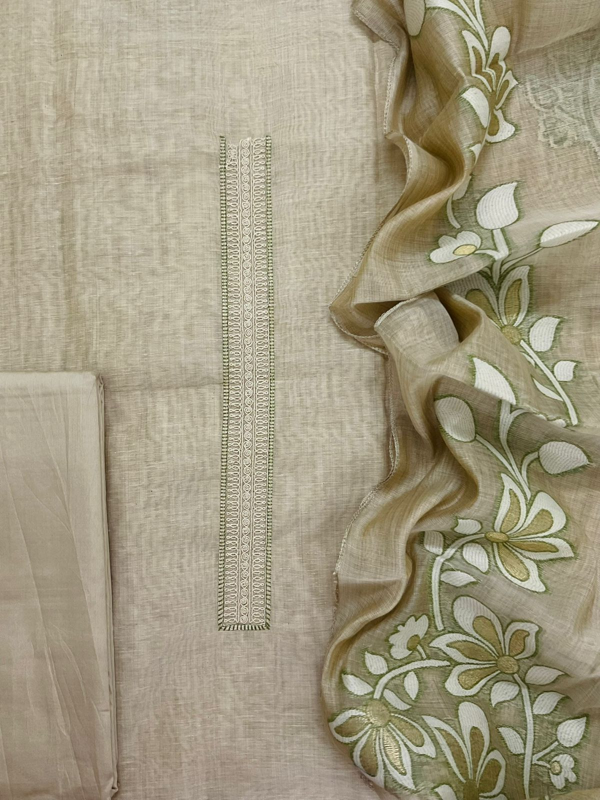 Soft Slub Chanderi Jamdani Weaved Embroidered Suit - Beige