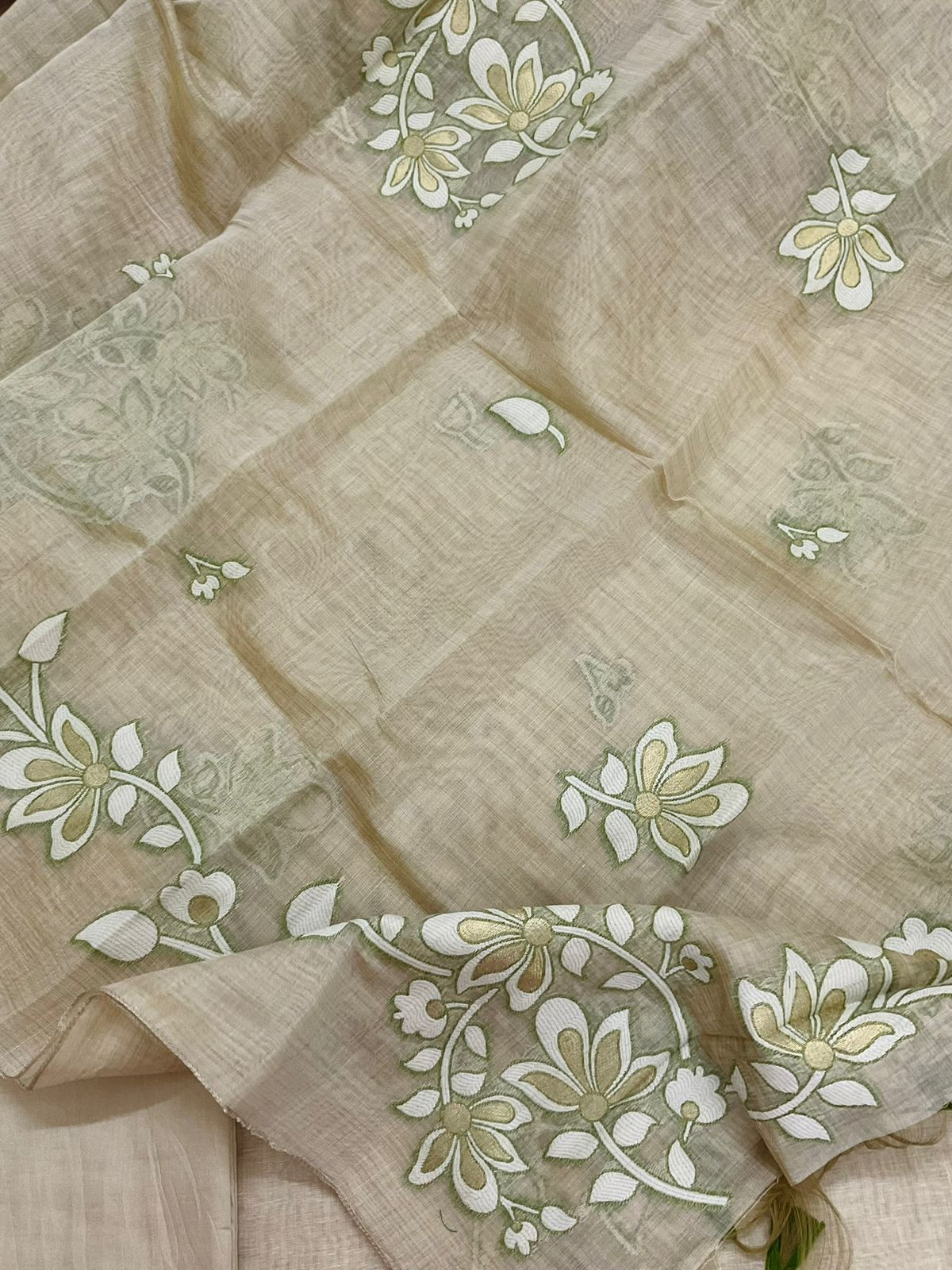 Soft Slub Chanderi Jamdani Weaved Embroidered Suit - Beige