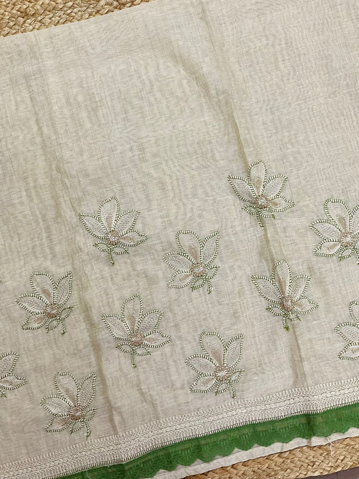 Soft Slub Chanderi Jamdani Weaved Embroidered Suit - Beige