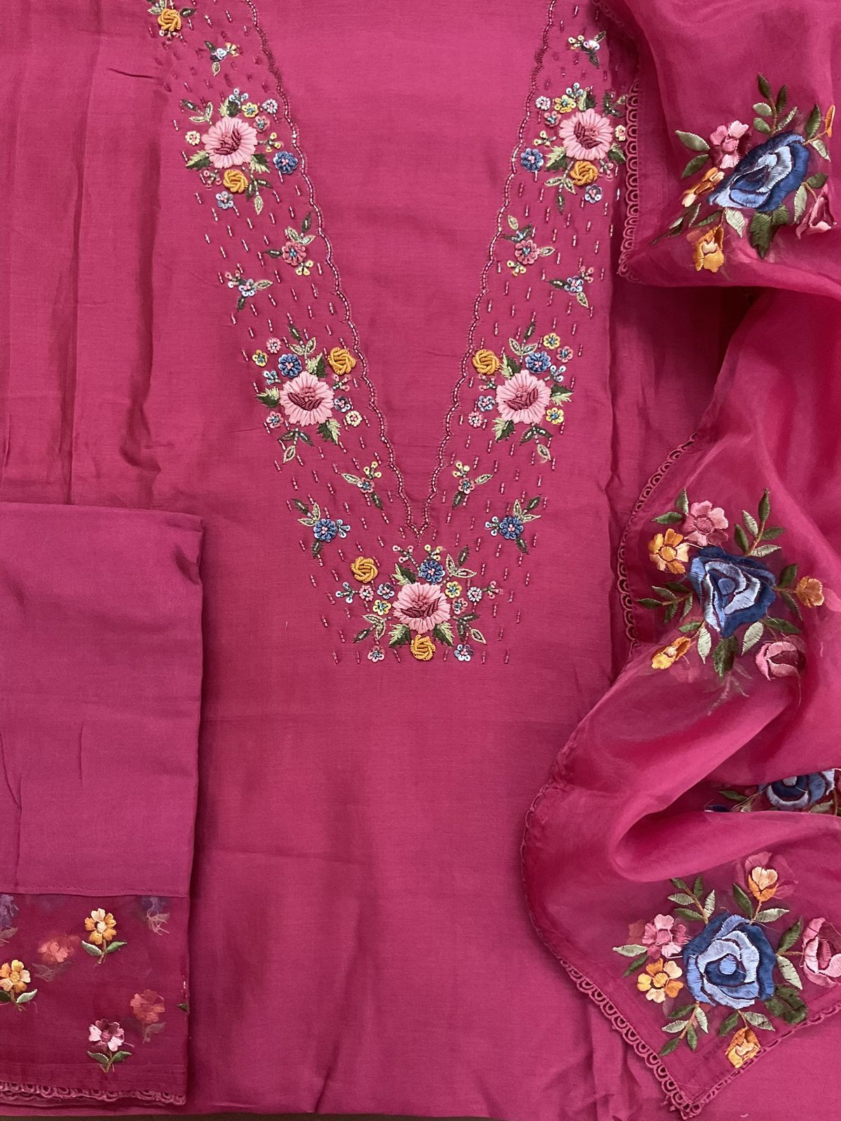 Pure Chanderi Embroidered Suit - Pink