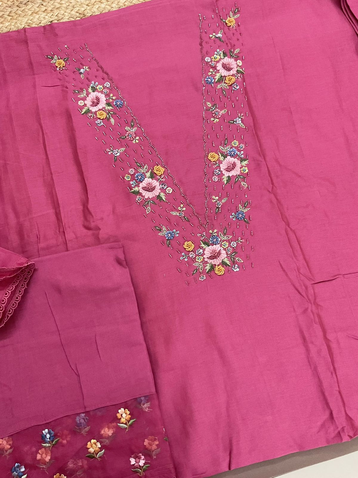 Pure Chanderi Embroidered Suit - Pink