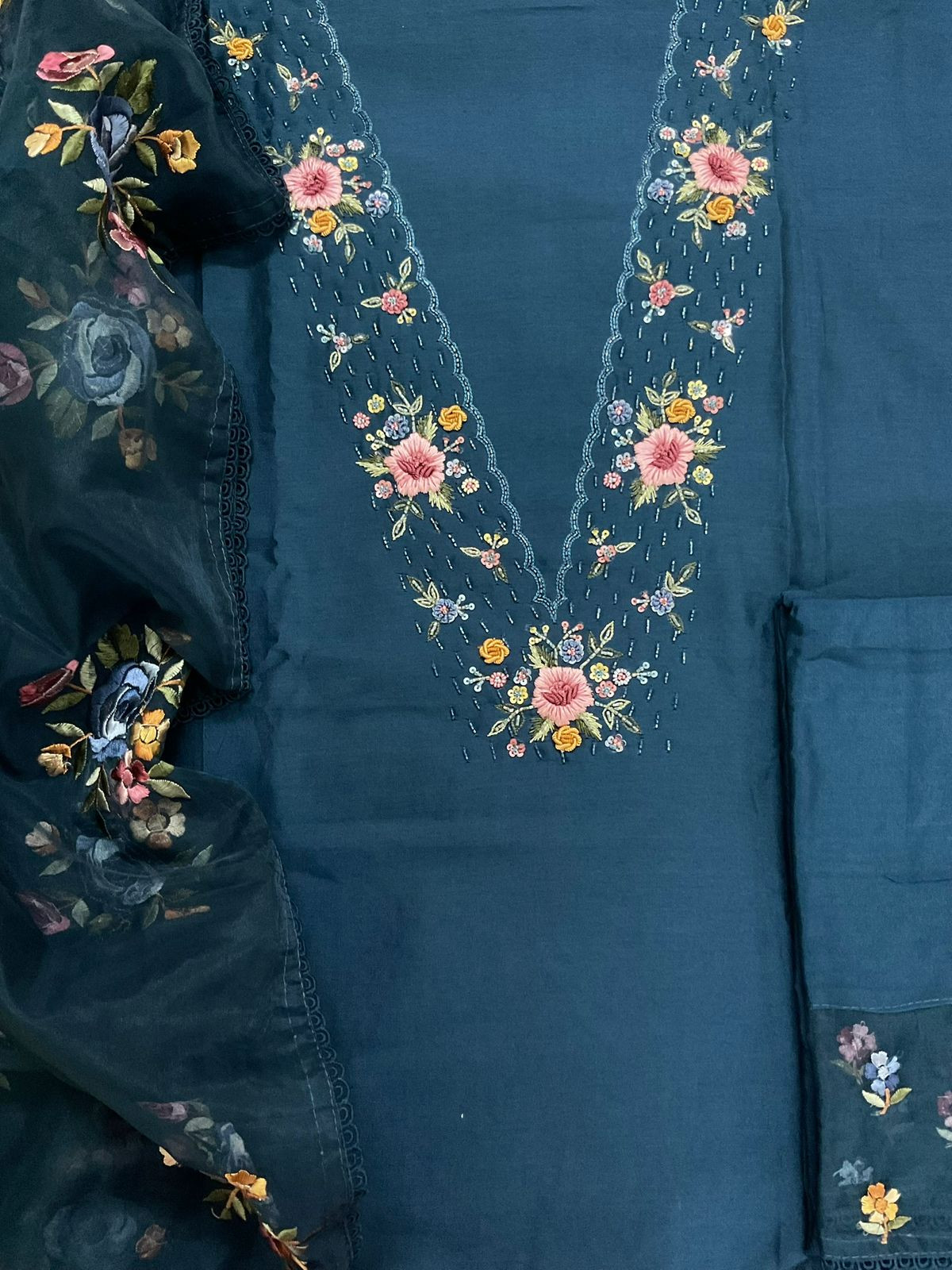 Pure Chanderi Embroidered Suit - Blue