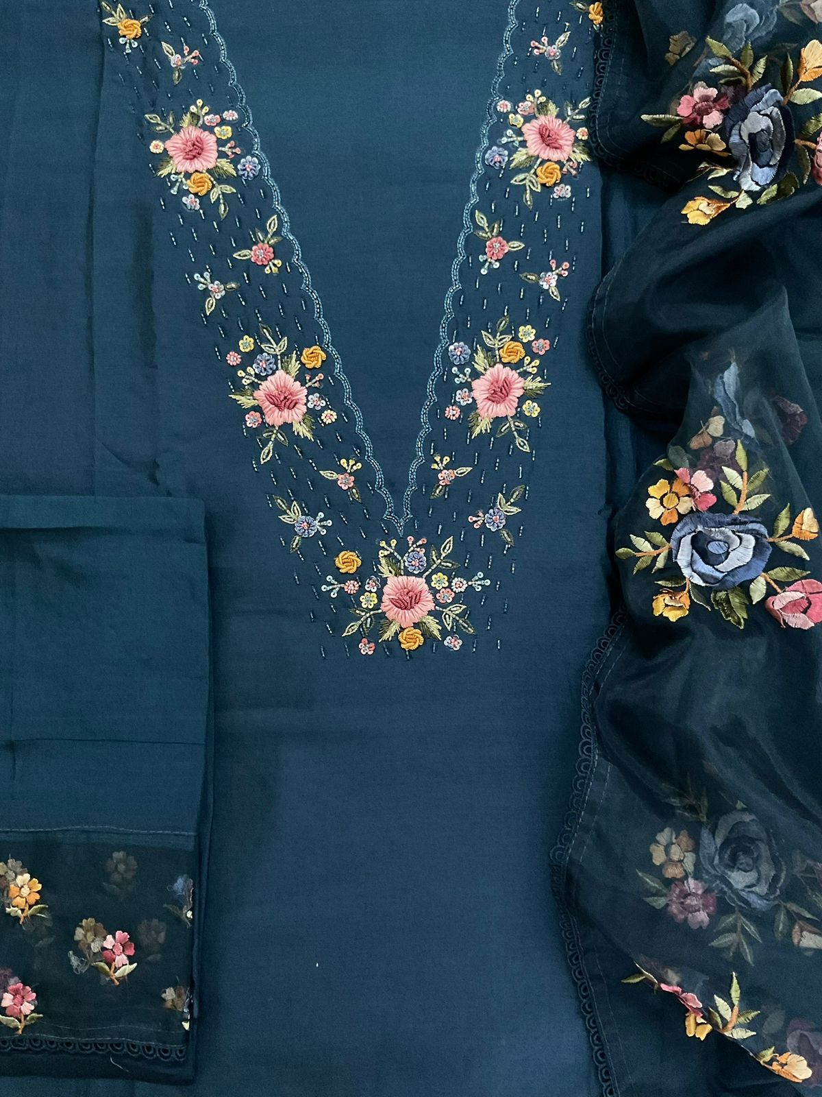 Pure Chanderi Embroidered Suit - Blue
