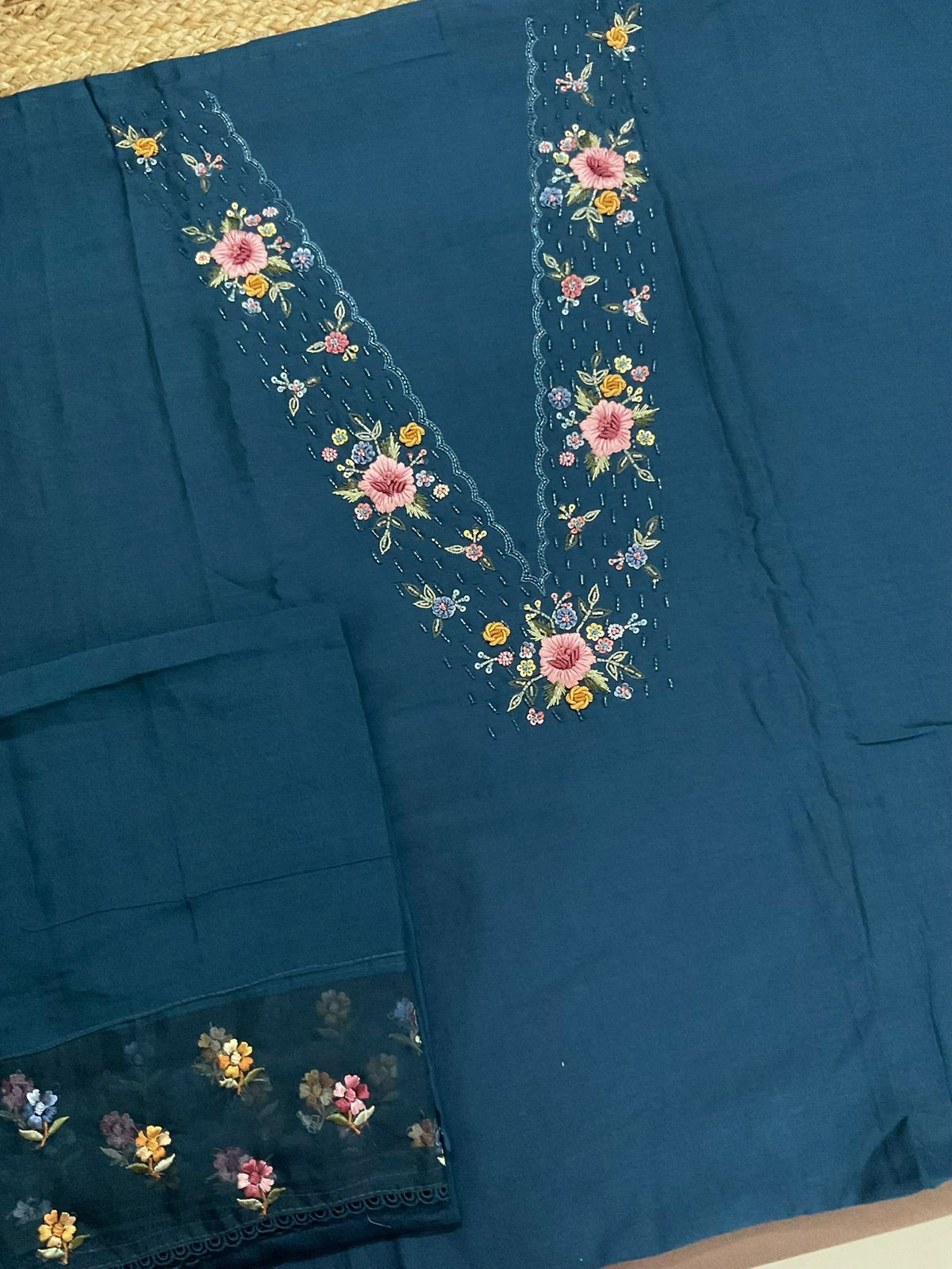 Pure Chanderi Embroidered Suit - Blue
