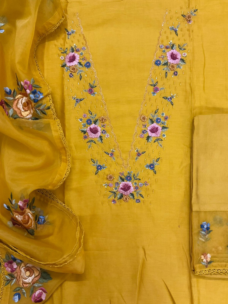 Image of Pure Chanderi Embroidered Suit - Yellow