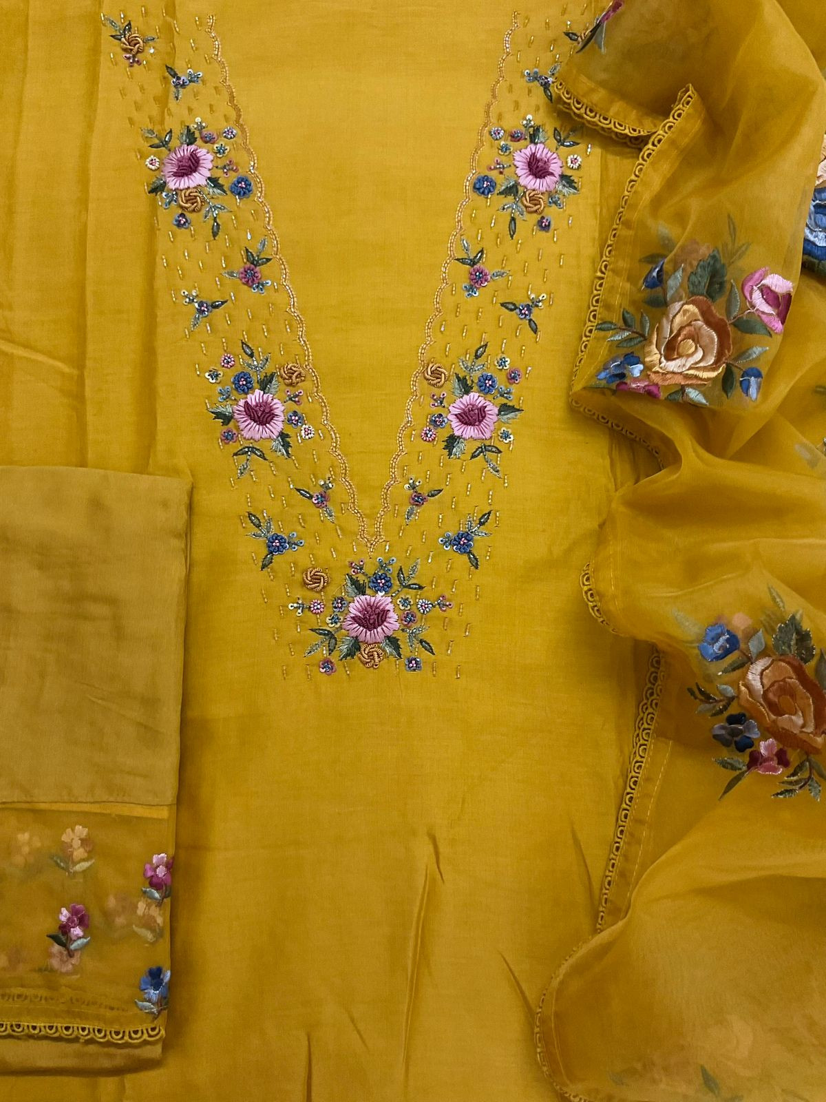 Pure Chanderi Embroidered Suit - Yellow