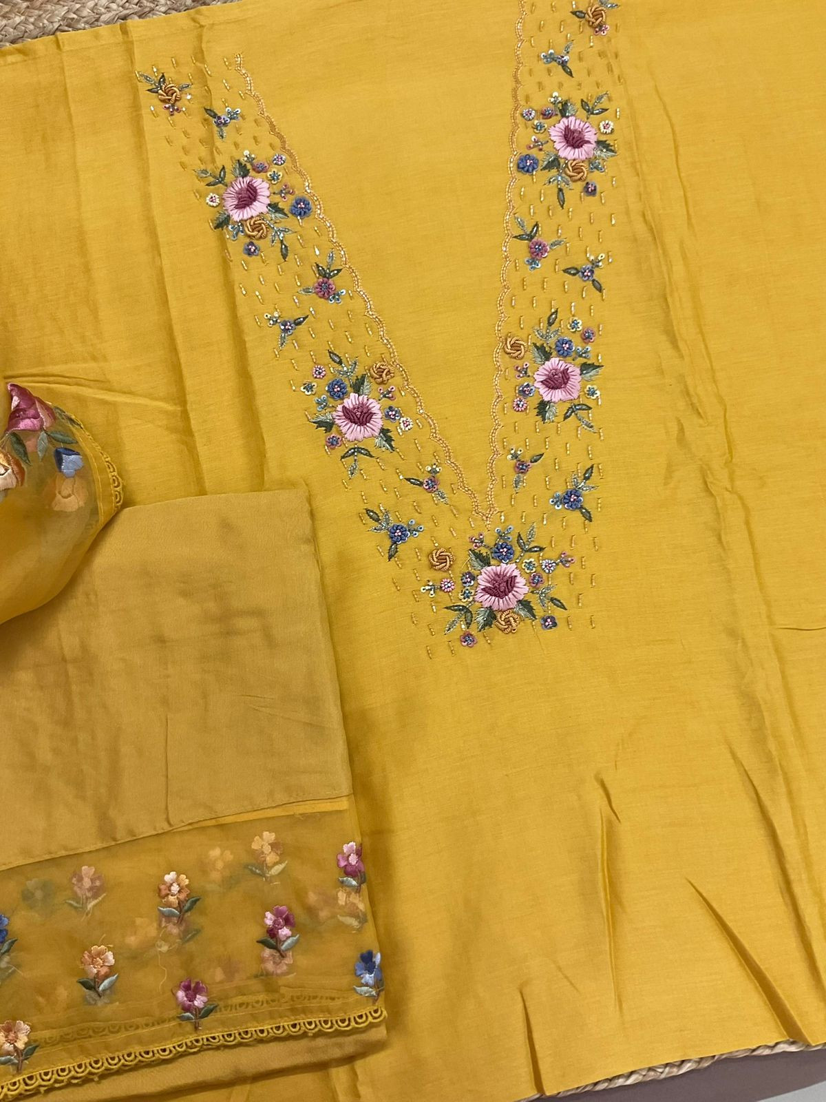 Pure Chanderi Embroidered Suit - Yellow