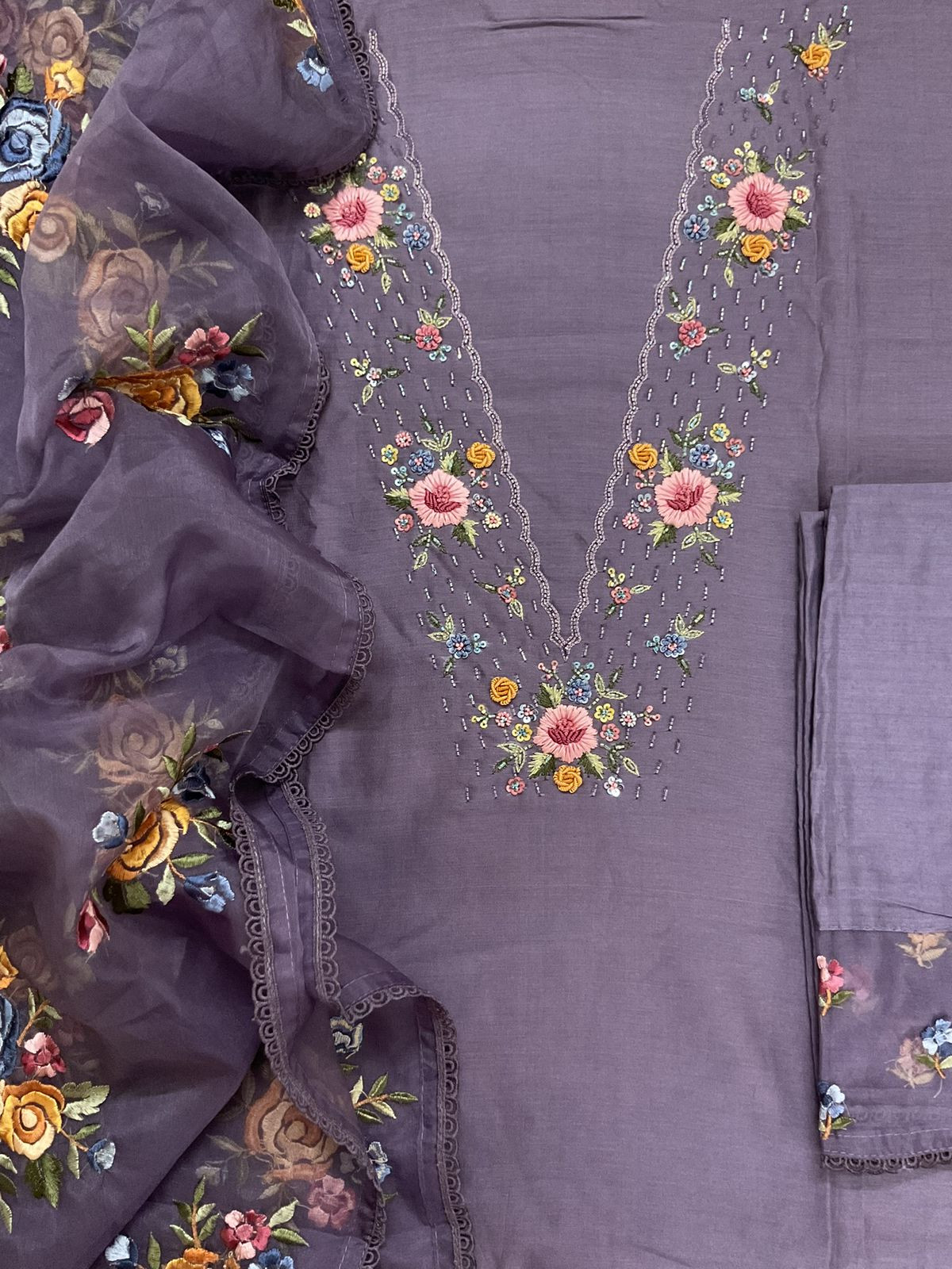 Pure Chanderi Embroidered Suit - Lavender