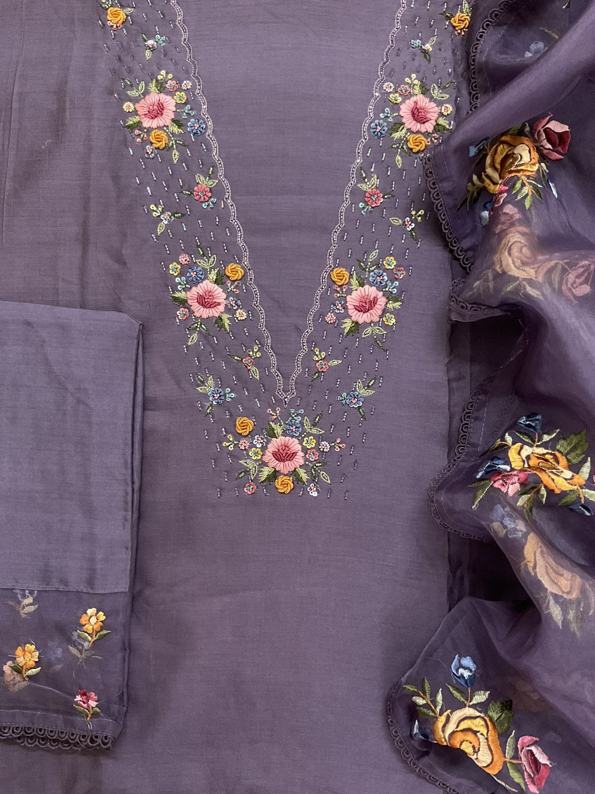 Pure Chanderi Embroidered Suit - Lavender