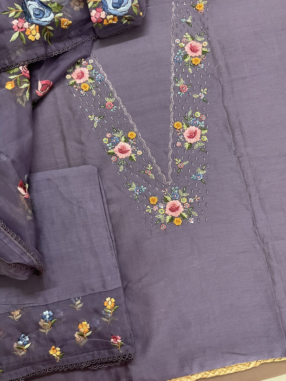 Pure Chanderi Embroidered Suit - Lavender