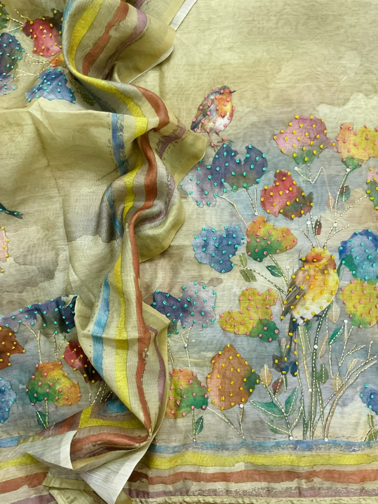 Image of Soft Kora Chanderi Printed Embroidered Suit - Yellow