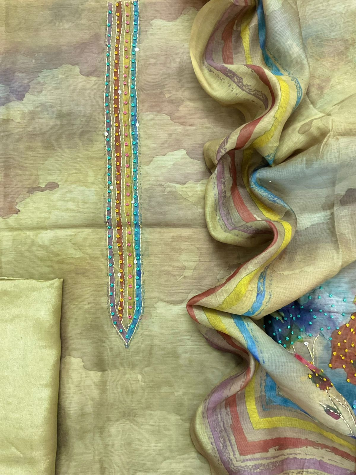 Soft Kora Chanderi Printed Embroidered Suit - Yellow