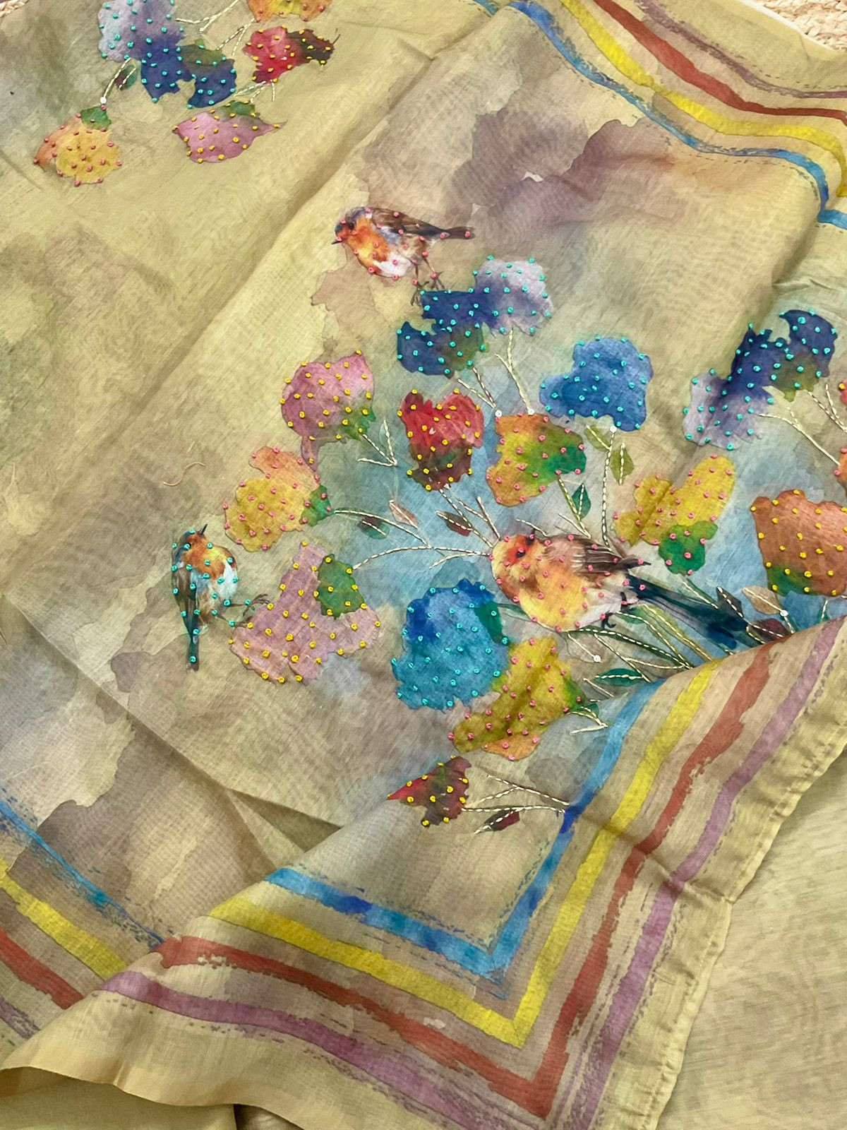 Soft Kora Chanderi Printed Embroidered Suit - Yellow