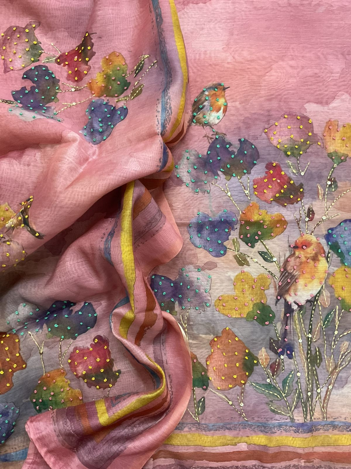 Soft Kora Chanderi Printed Embroidered Suit - Pink