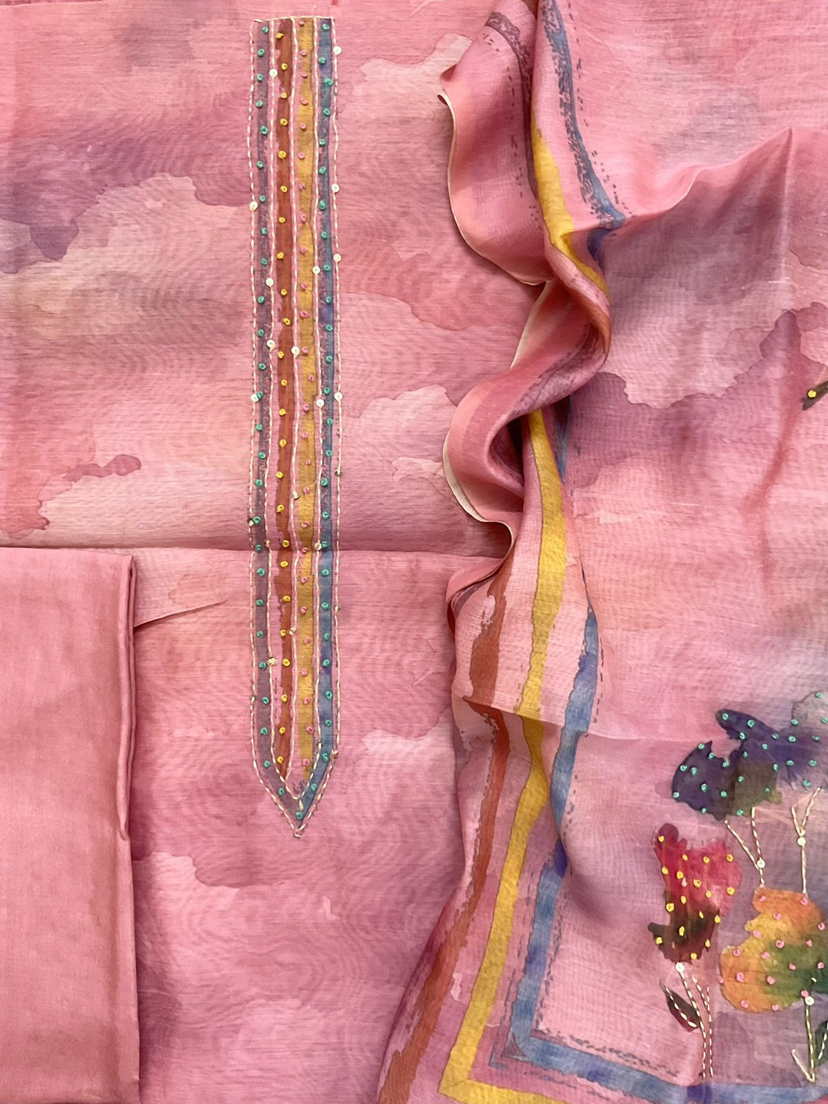 Soft Kora Chanderi Printed Embroidered Suit - Pink