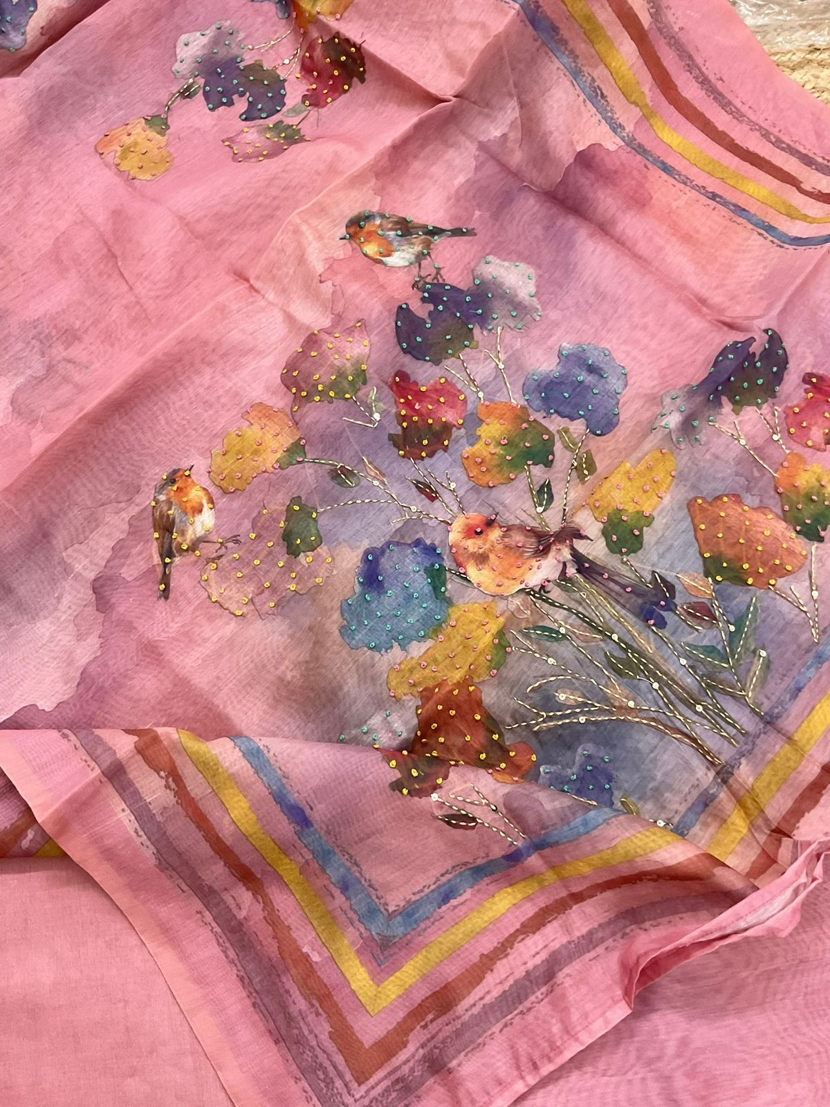 Soft Kora Chanderi Printed Embroidered Suit - Pink