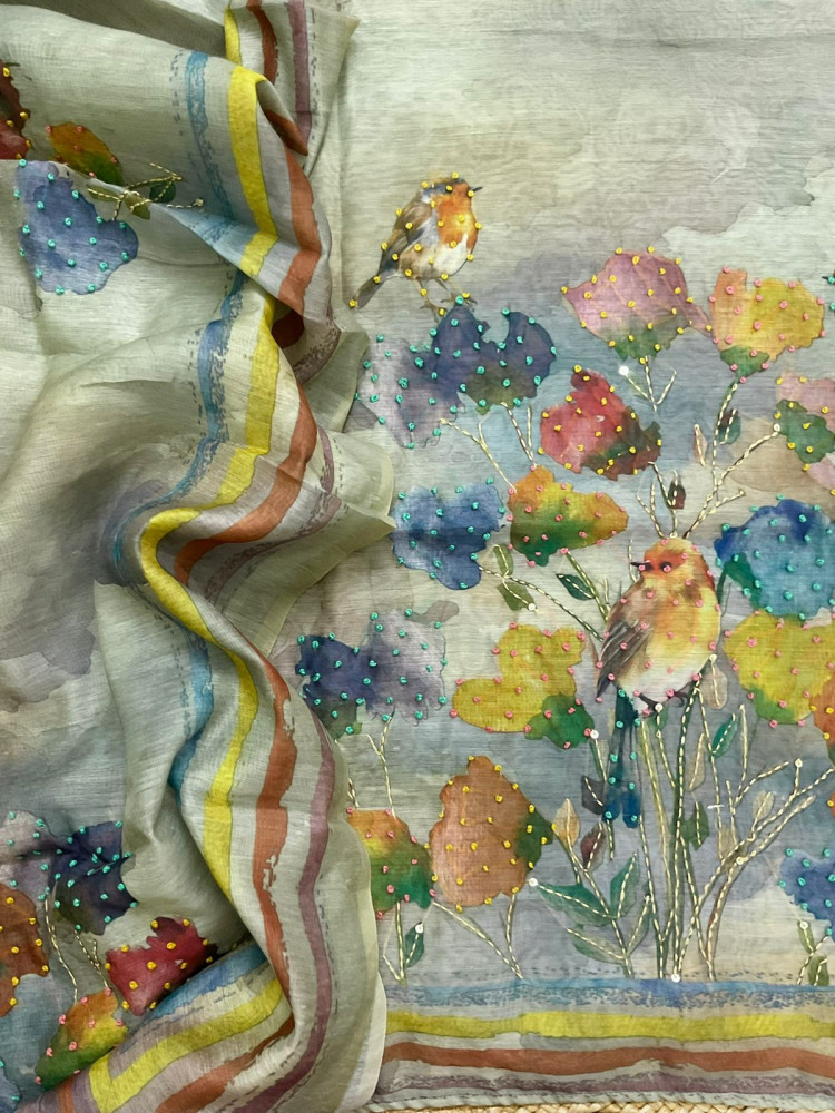 Image of Soft Kora Chanderi Printed Embroidered Suit - Green