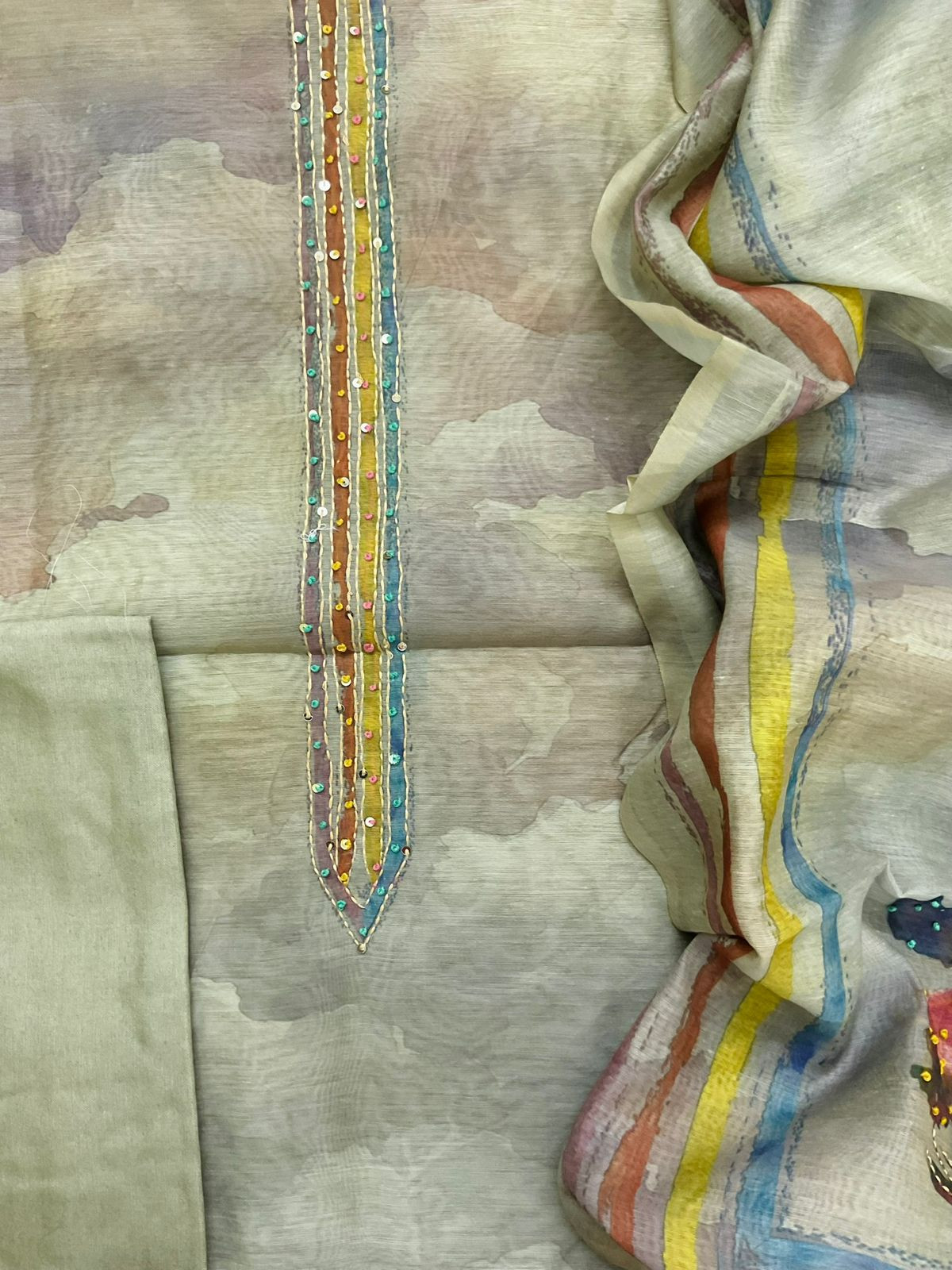 Soft Kora Chanderi Printed Embroidered Suit - Green