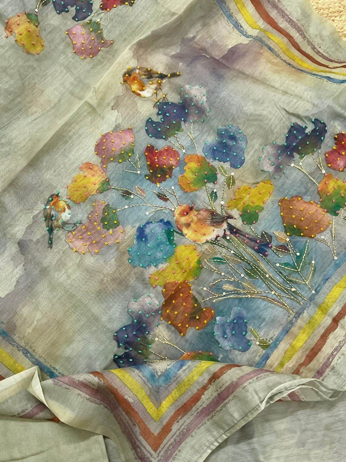 Soft Kora Chanderi Printed Embroidered Suit - Green