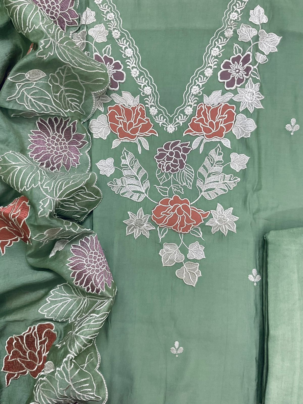 Soft Muslin Embroidered Suit - Green