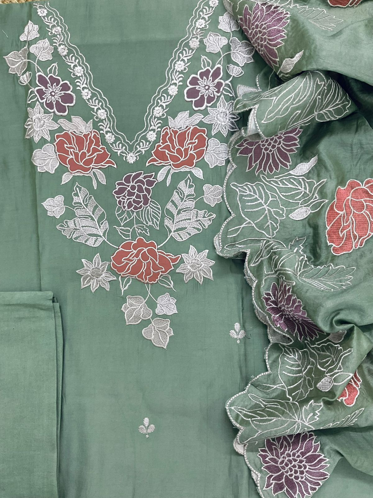Soft Muslin Embroidered Suit - Green