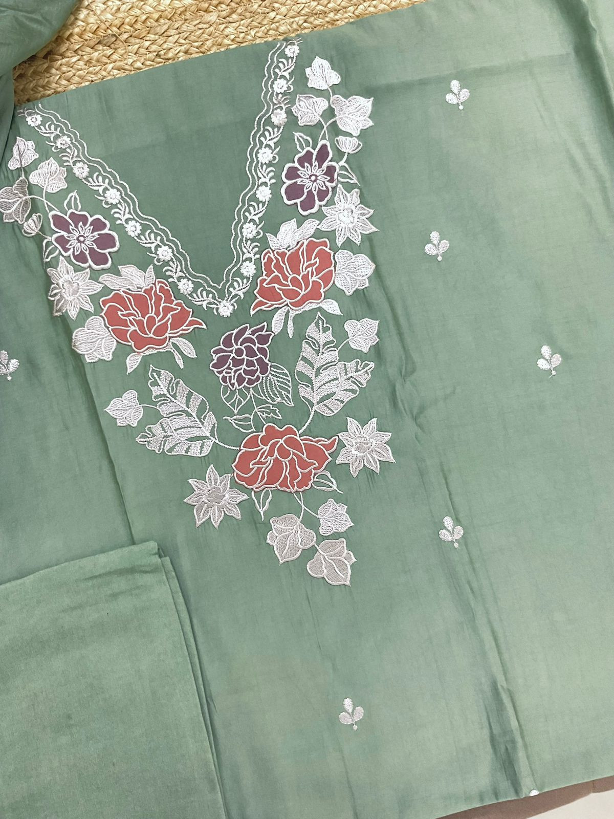 Soft Muslin Embroidered Suit - Green