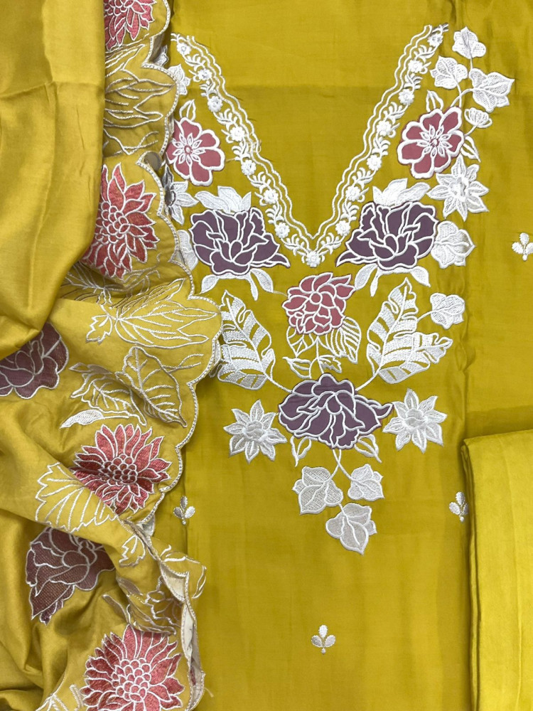 Image of Soft Muslin Embroidered Suit - Mustard