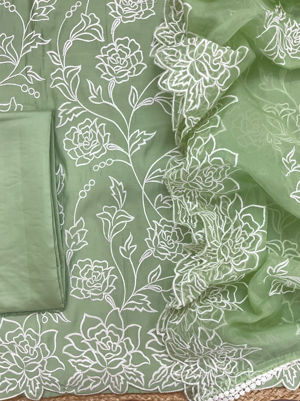 Soft Muslin Embroidered Suit - Green