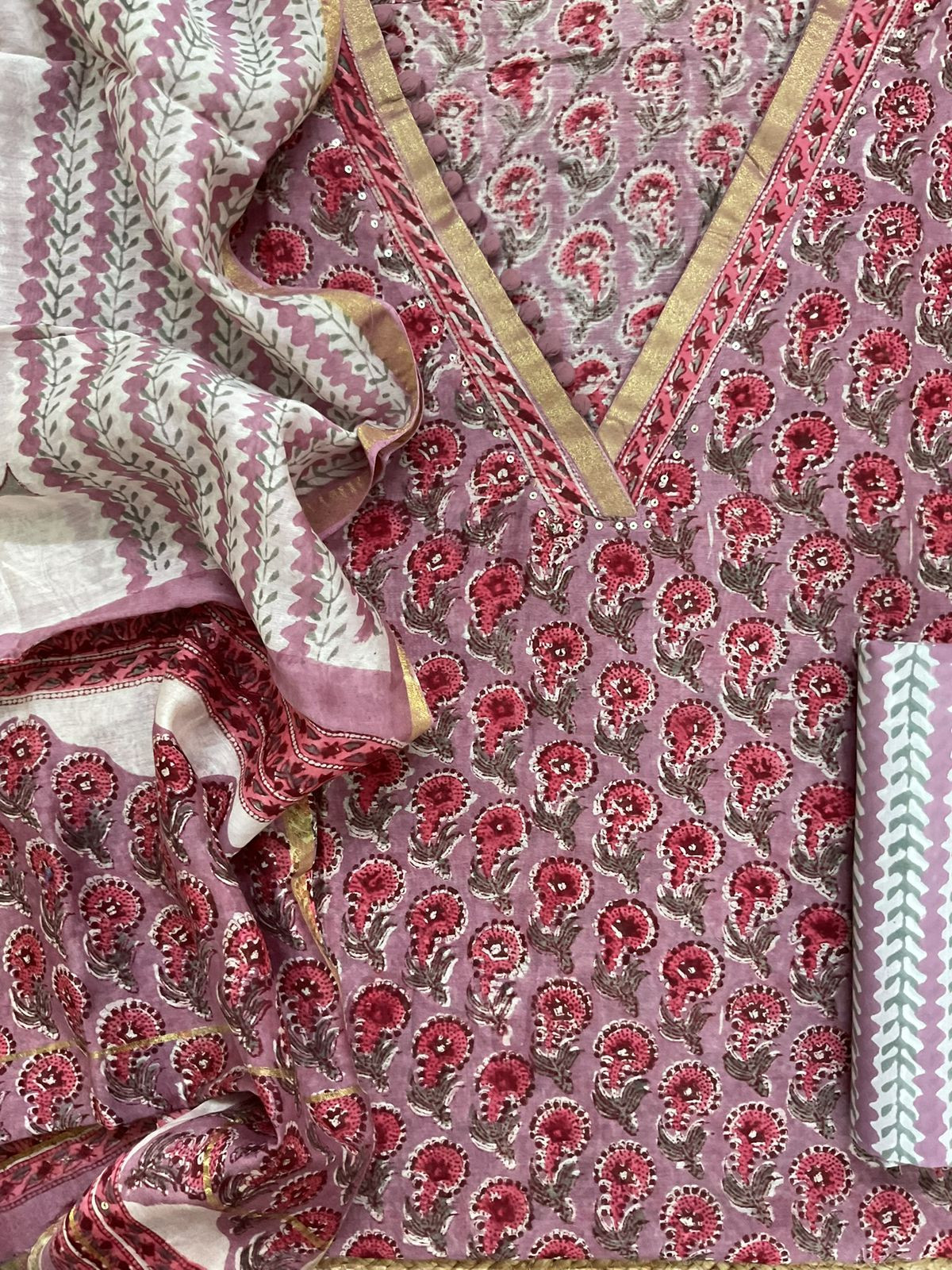 Pure Chanderi Block Printed Embroidered Suit - Mauve