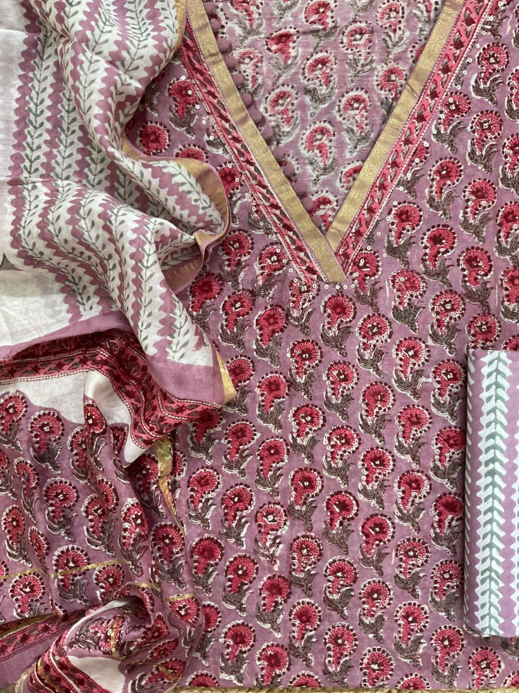 Image of Pure Chanderi Block Printed Embroidered Suit - Mauve