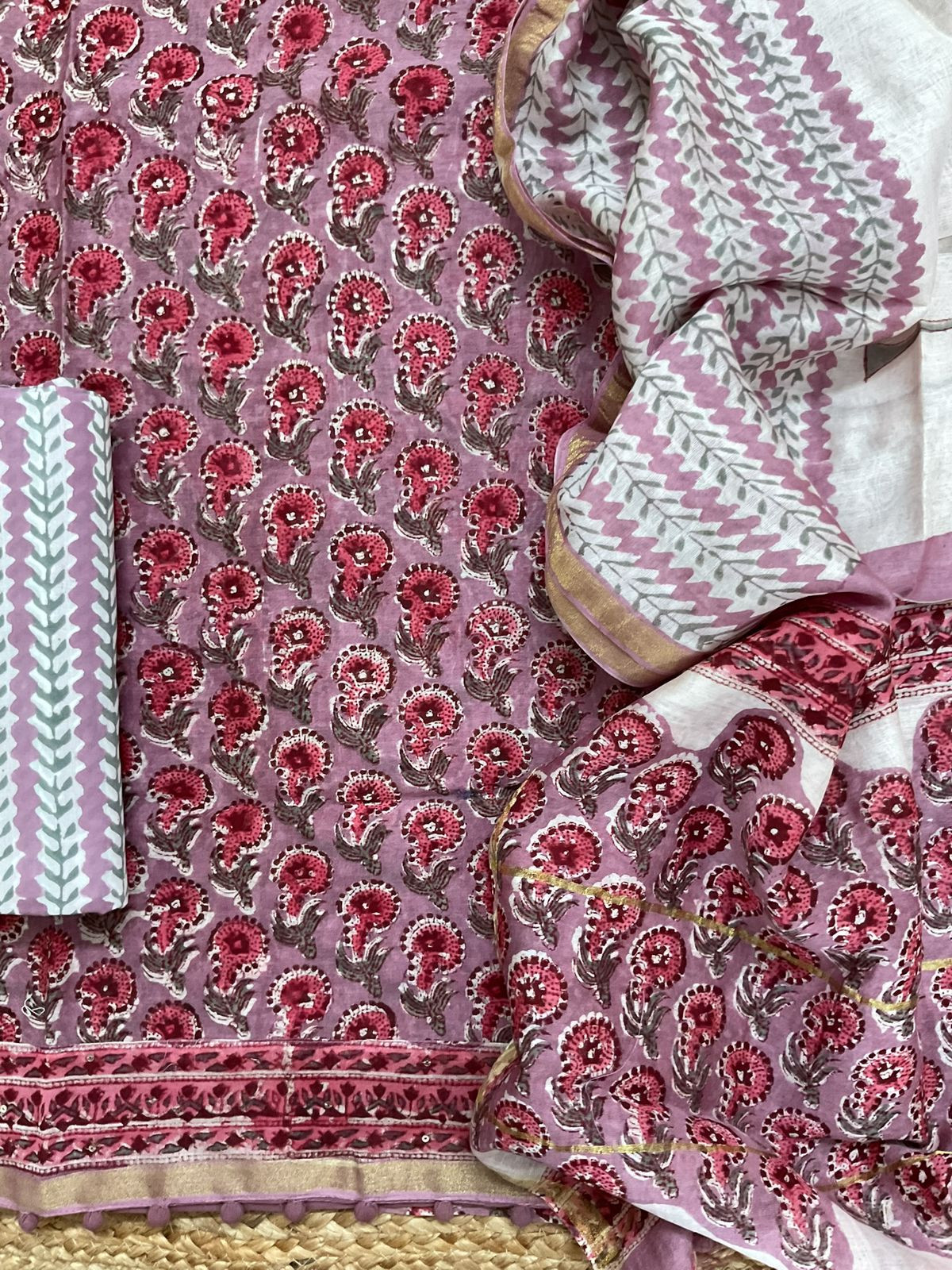 Pure Chanderi Block Printed Embroidered Suit - Mauve