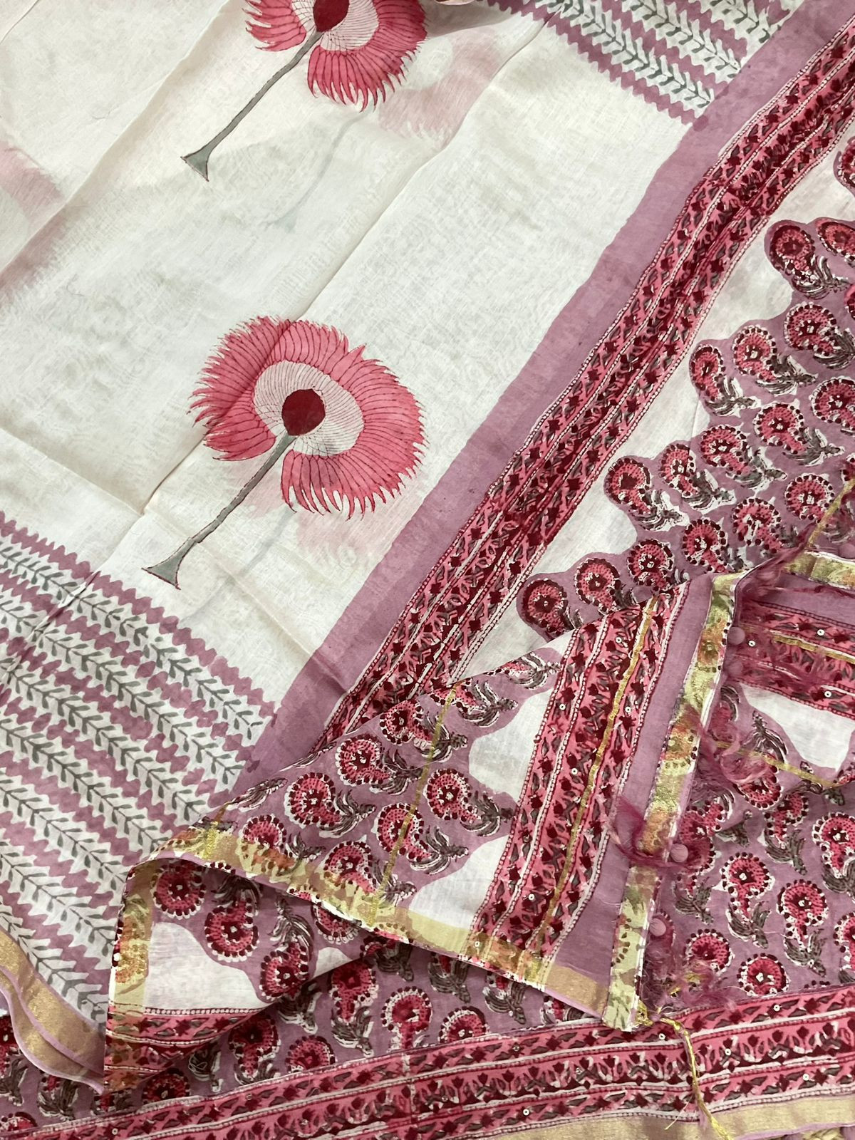 Pure Chanderi Block Printed Embroidered Suit - Mauve
