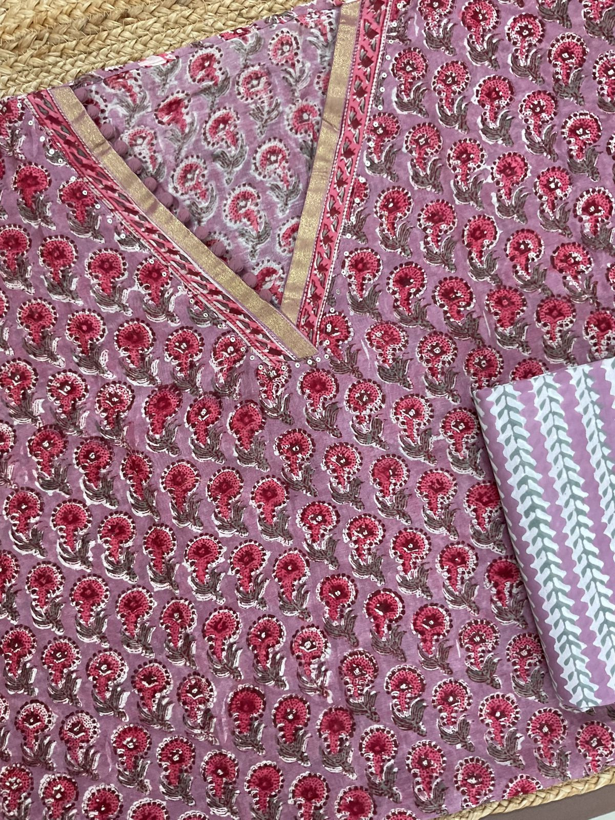 Pure Chanderi Block Printed Embroidered Suit - Mauve
