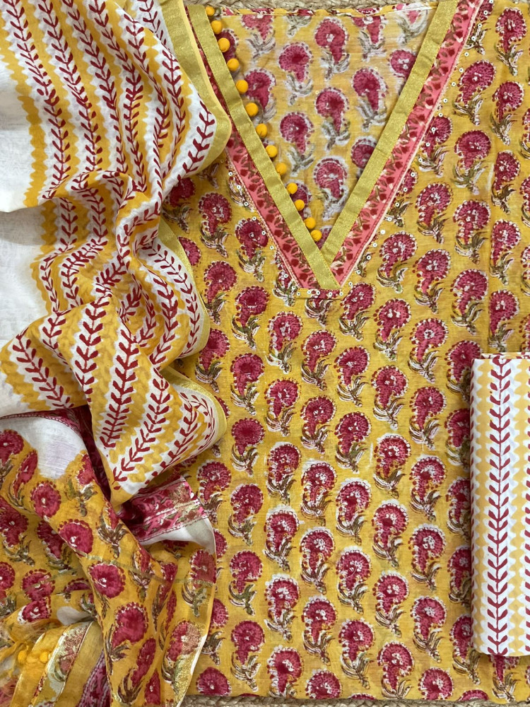Image of Pure Chanderi Block Printed Embroidered Suit - Yellow