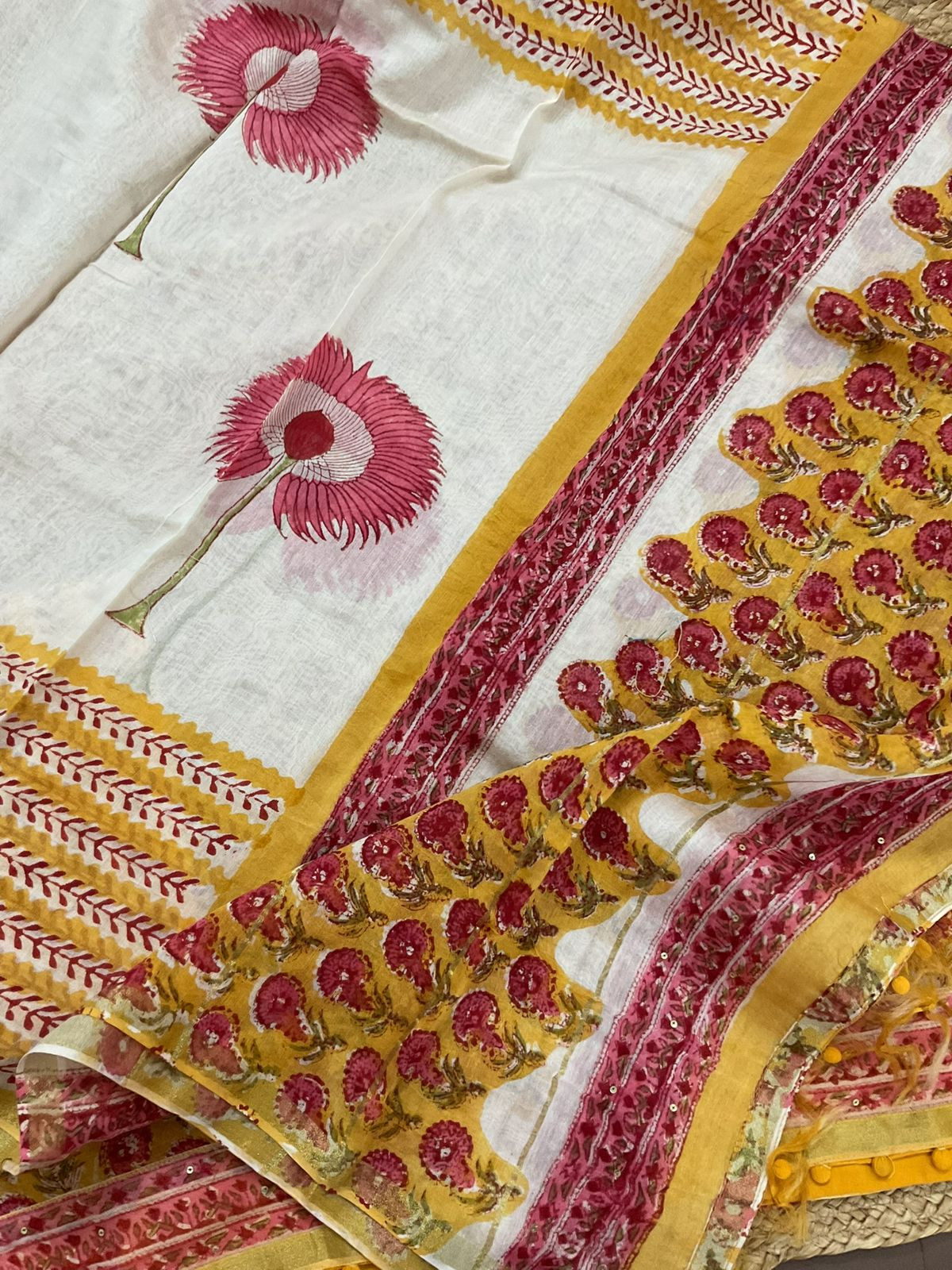 Pure Chanderi Block Printed Embroidered Suit - Yellow