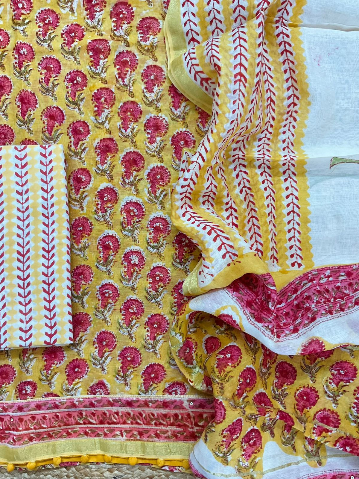 Pure Chanderi Block Printed Embroidered Suit - Yellow
