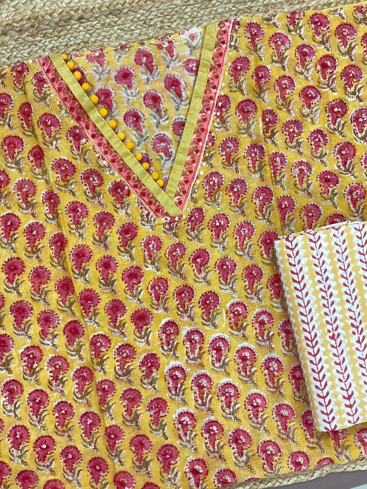 Pure Chanderi Block Printed Embroidered Suit - Yellow