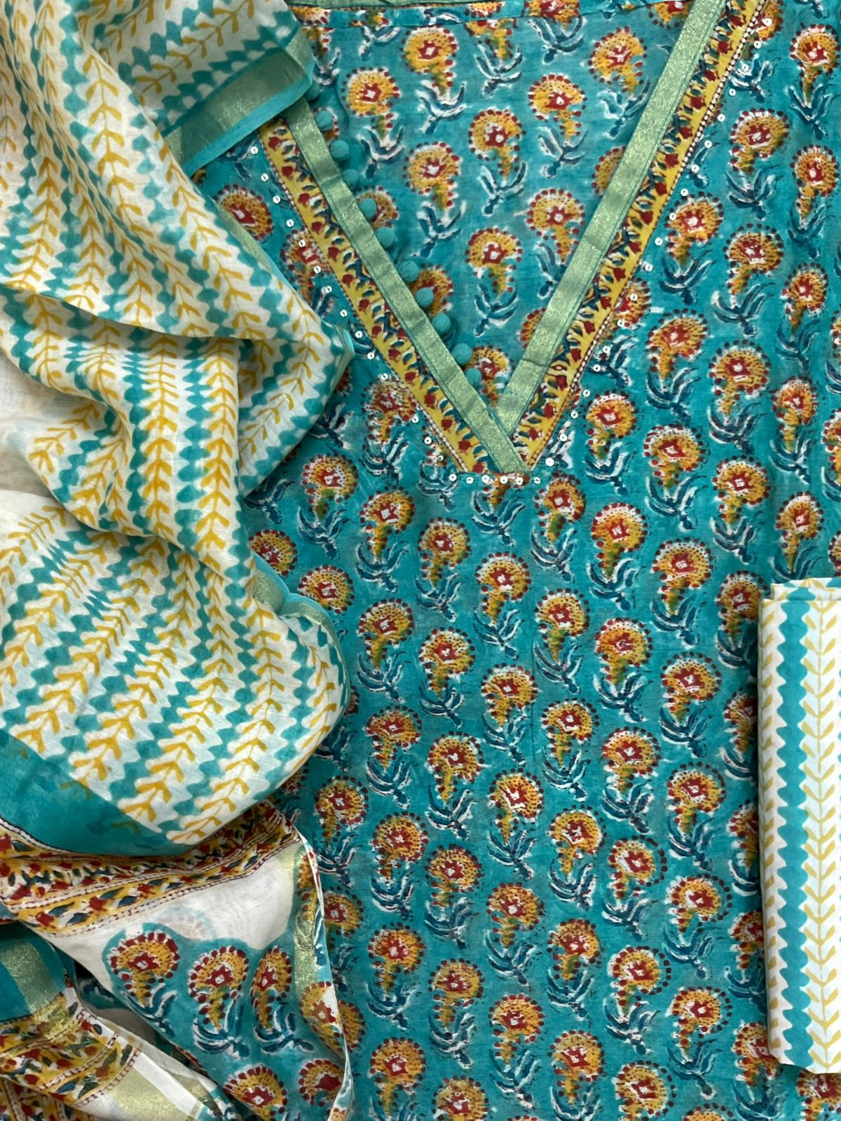 Pure Chanderi Block Printed Embroidered Suit - Blue