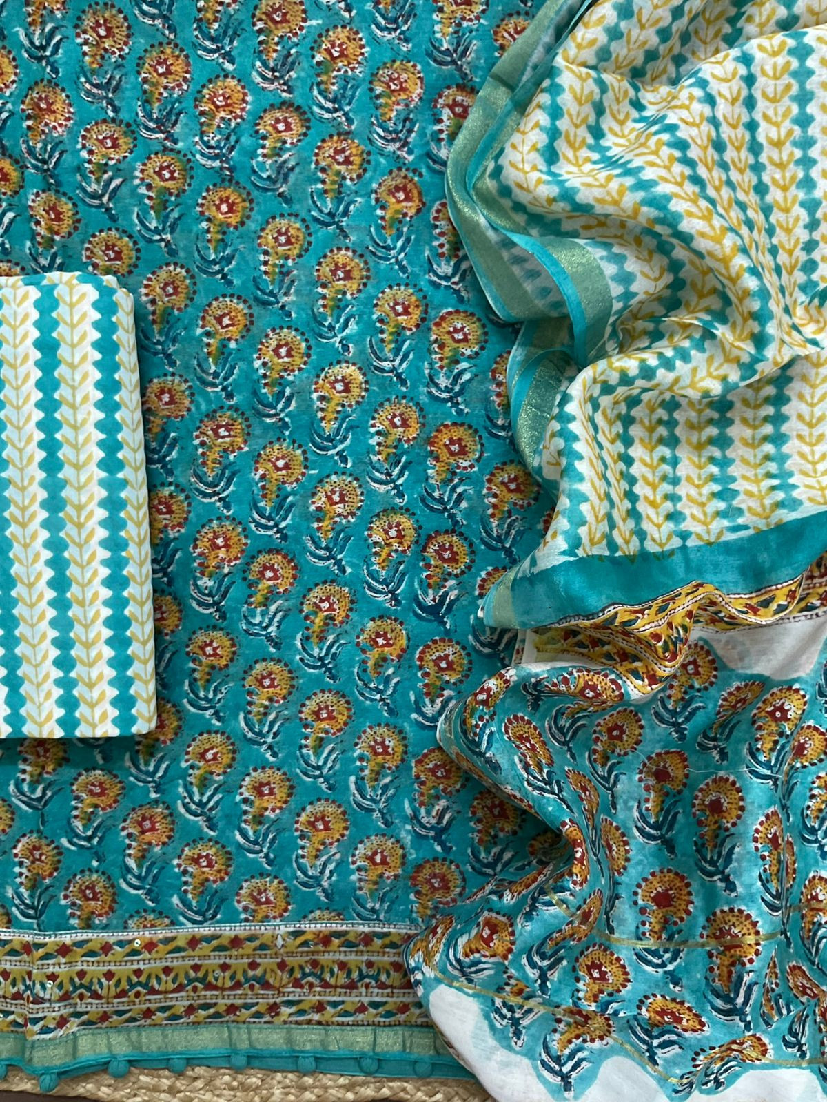 Pure Chanderi Block Printed Embroidered Suit - Blue