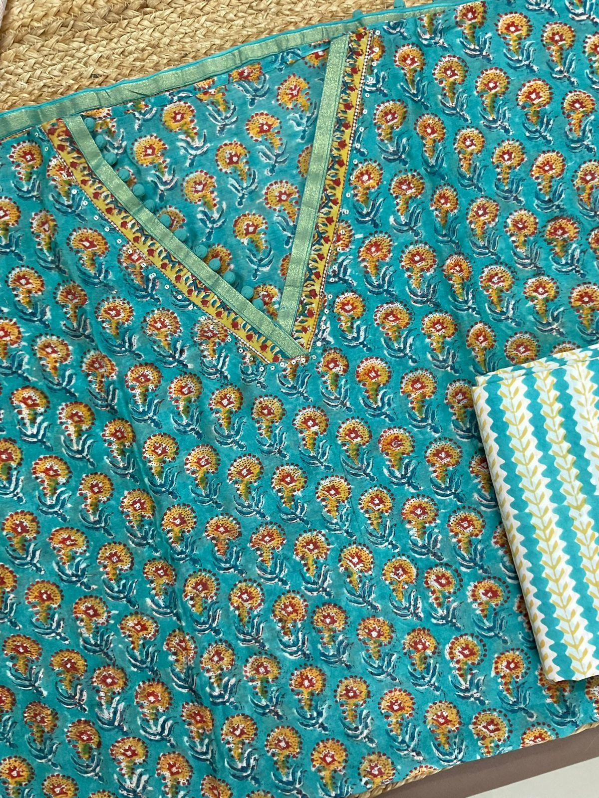 Pure Chanderi Block Printed Embroidered Suit - Blue