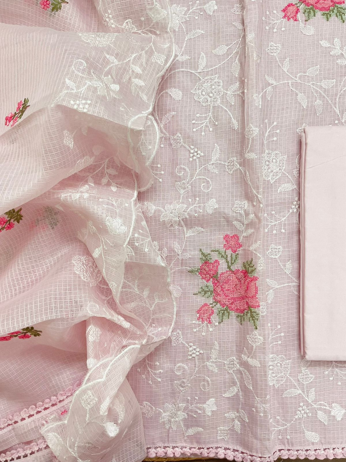 Soft Kota Silk Embroidered Suit - Pink