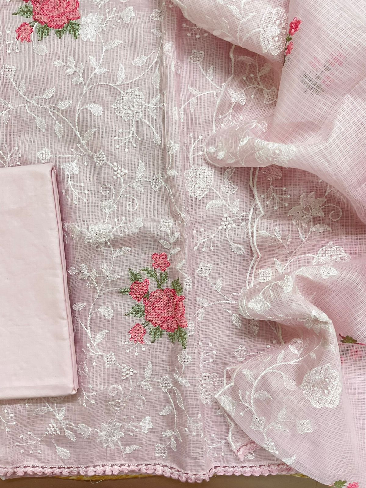 Soft Kota Silk Embroidered Suit - Pink