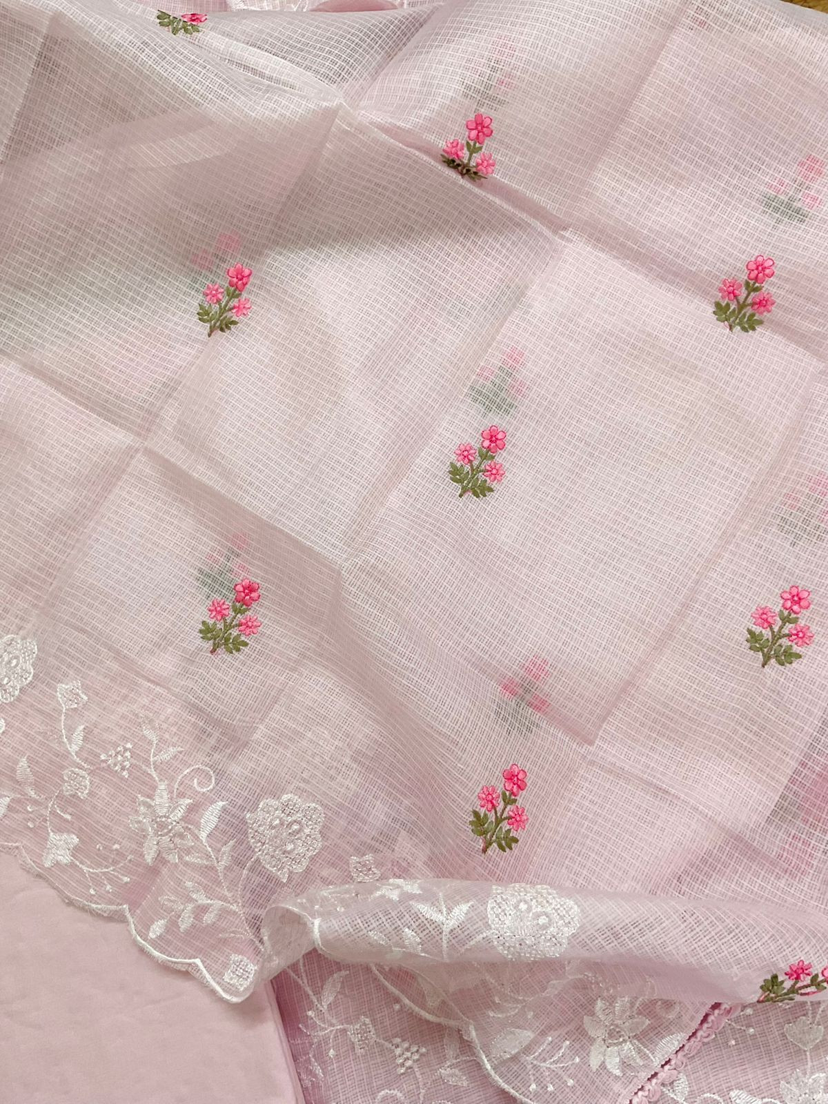 Soft Kota Silk Embroidered Suit - Pink