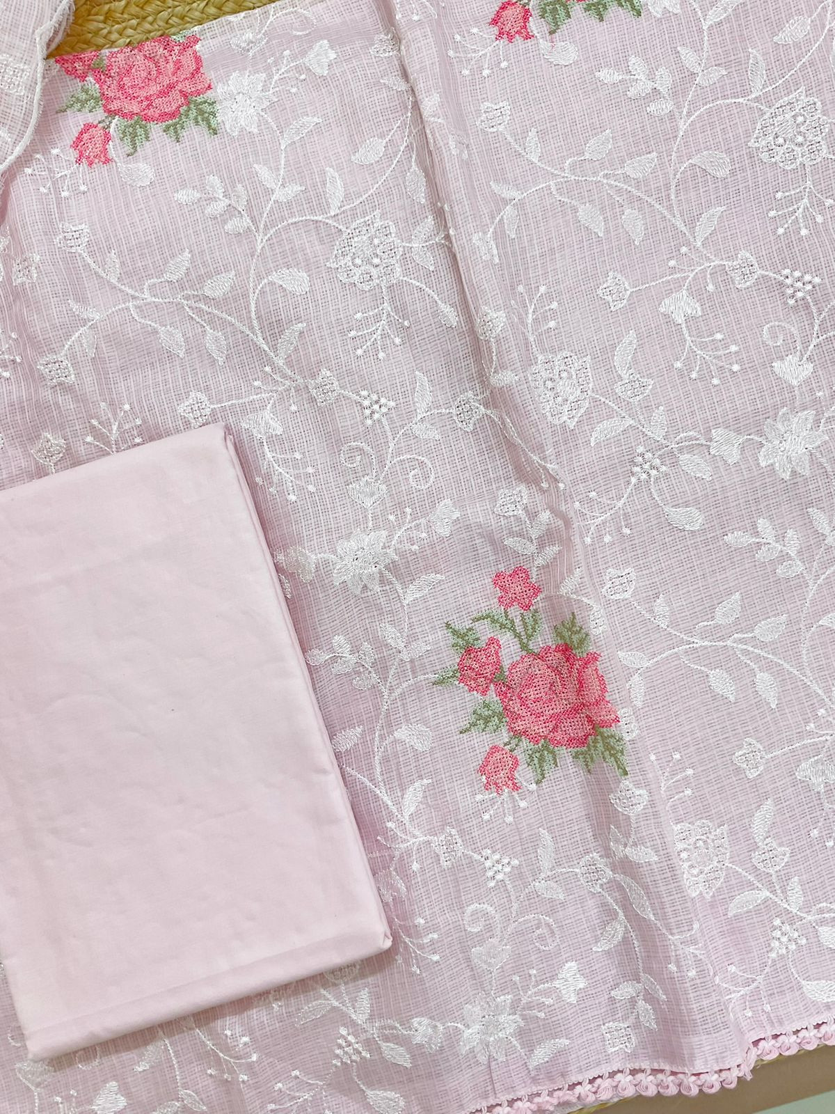 Soft Kota Silk Embroidered Suit - Pink