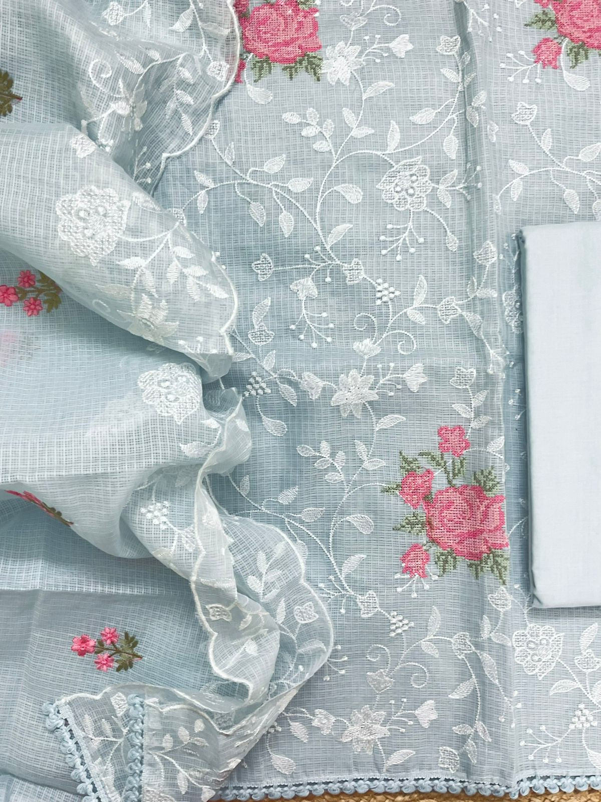 Soft Kota Silk Embroidered Suit - Grey