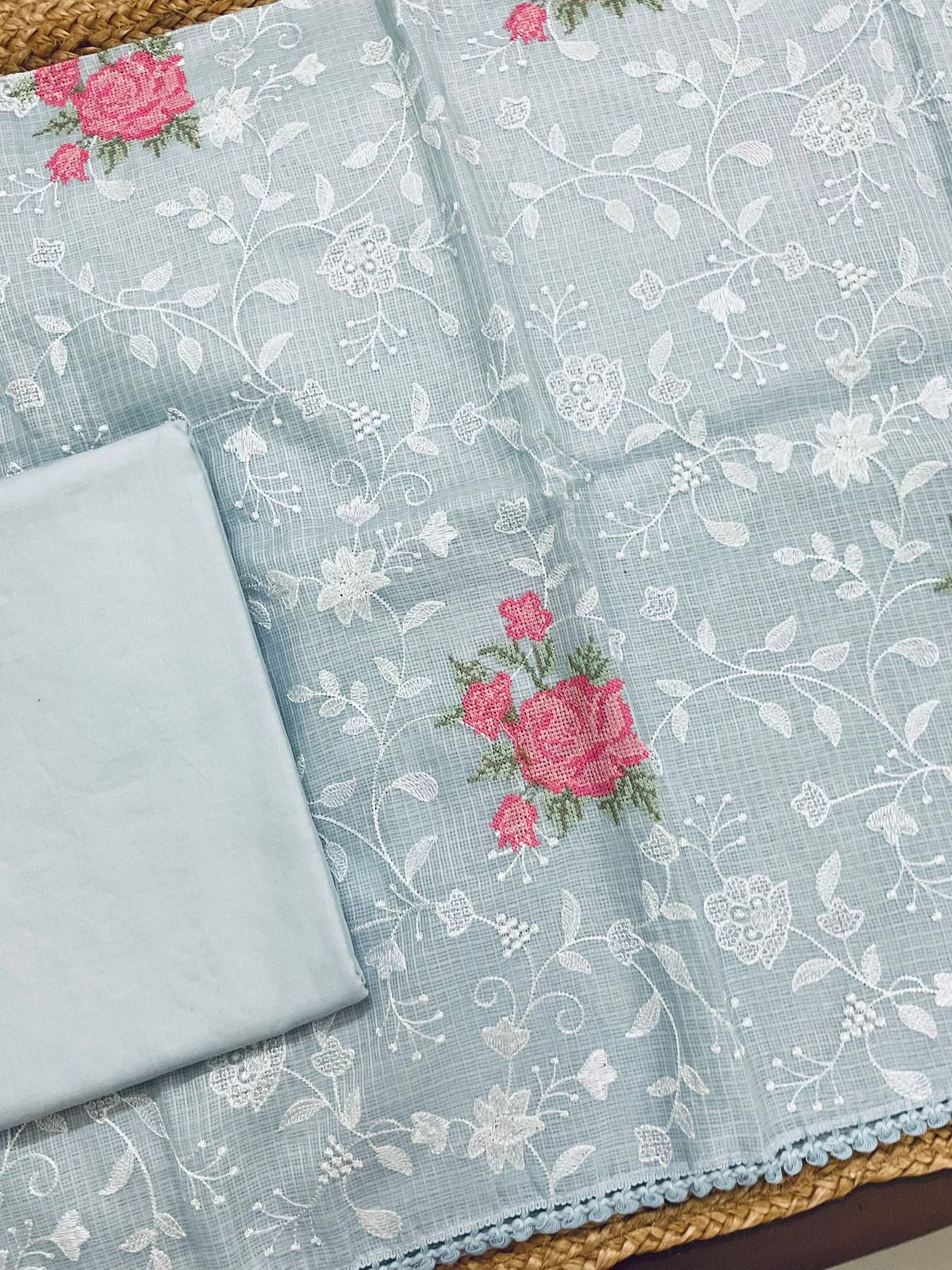 Soft Kota Silk Embroidered Suit - Grey