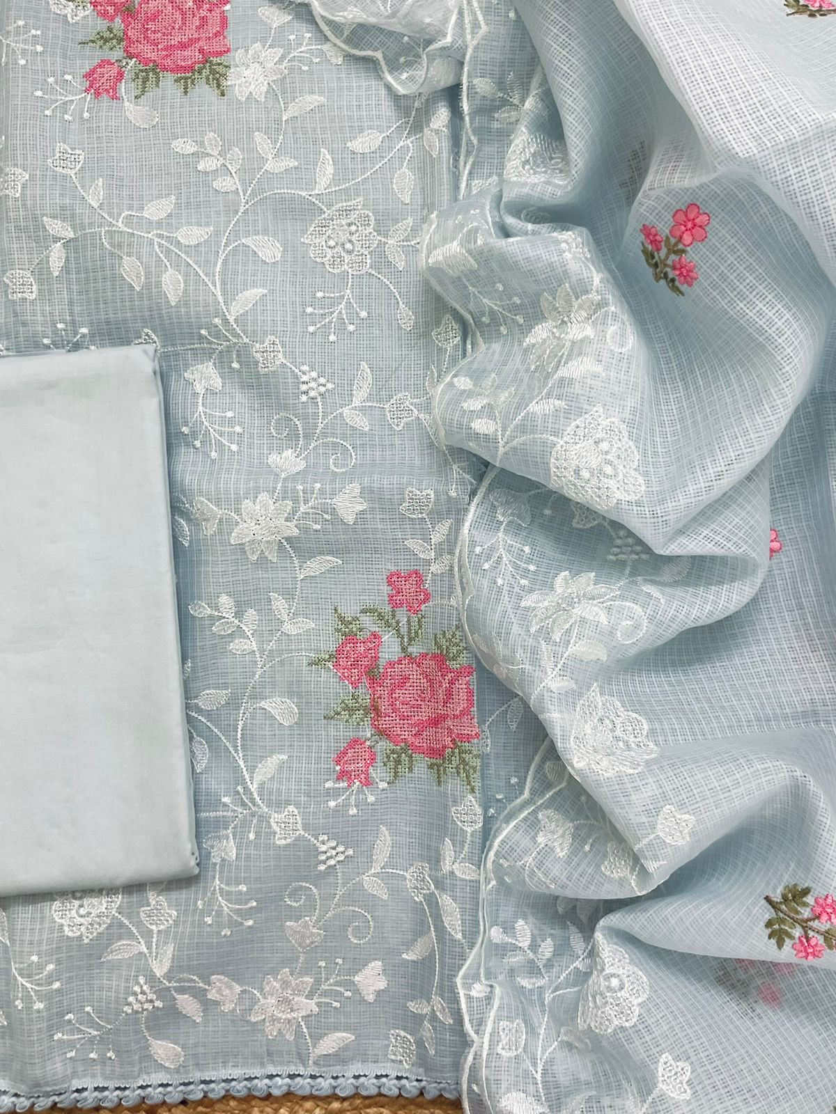 Soft Kota Silk Embroidered Suit - Grey